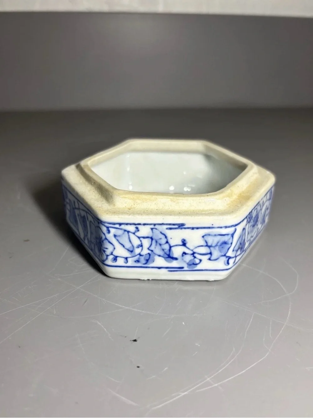 Blue and White Hexagonal Porcelain Storage Box - Decorative Trinket Dish